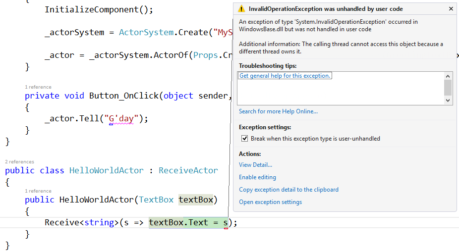 Screenshot of Visual Stuid showing thread access exception in debugger