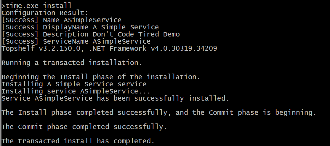 command prompt showing Topshelf service installation