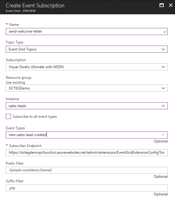 Adding an Azure Event Grid subcription for an Azure Function