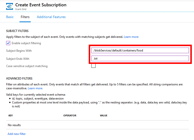 Configuring Azure Event Grid subscription to filter on blob storage containers