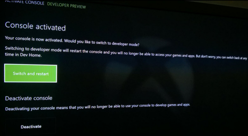 Switching Xbox One to developer mode
