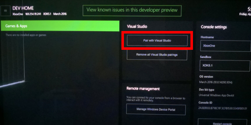 Pairing Visual Studio with Xbox One