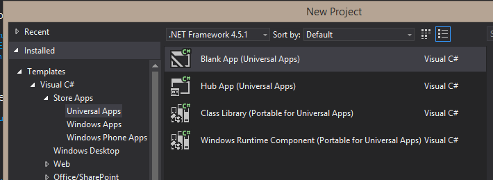 Visual Studio Universal App Create New Project