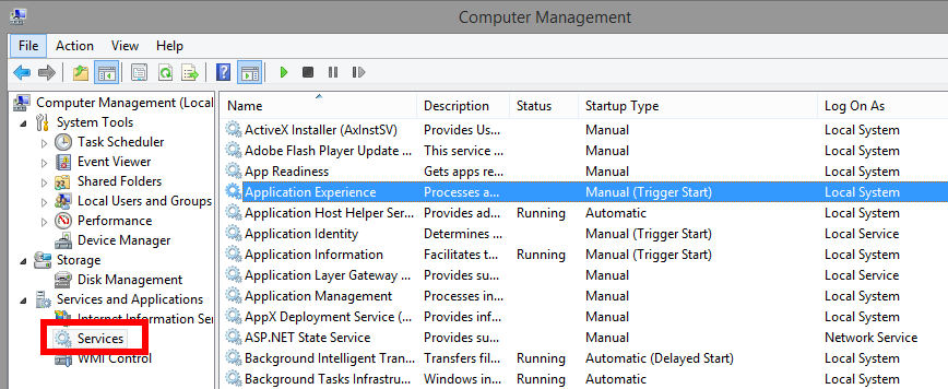 Computer Management window showing installed Windows Services