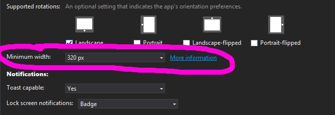 setting min windows 8.1 app width