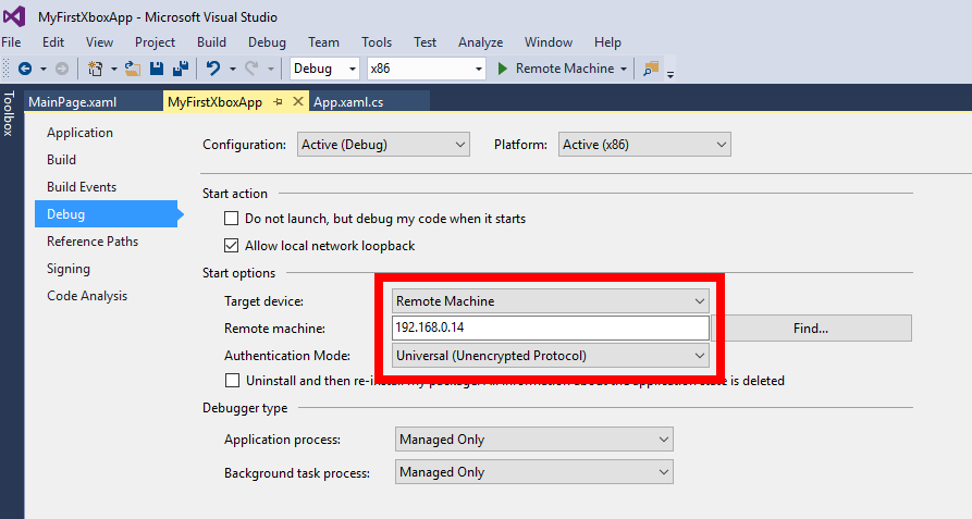 Configuring Visual Studio to connect to Xbox One
