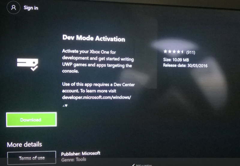 Installing Dev Mode Activation app from Xbox One store