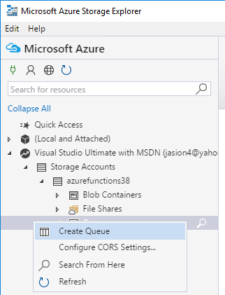Using Azure Storage Explorer to create a new Azure Queue