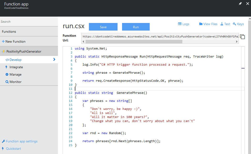 Azure Function code editor window