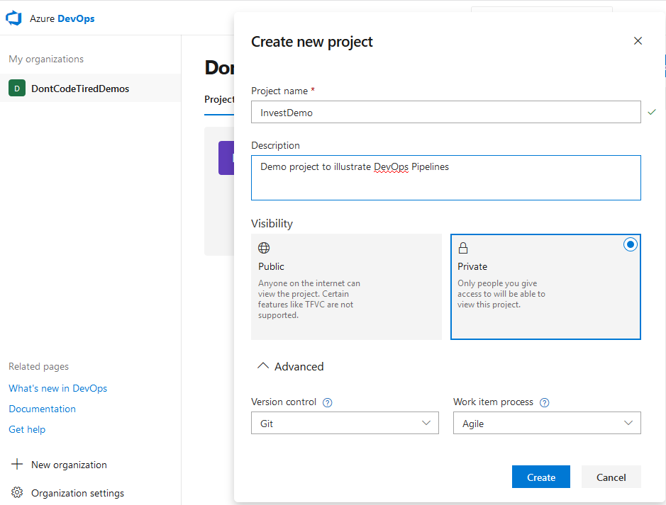 Creating a new Azure DevOps Project