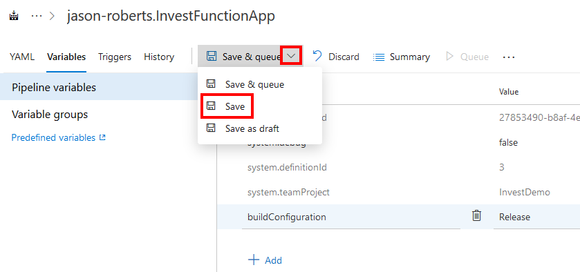 Saving changes to and Azure Pipeline