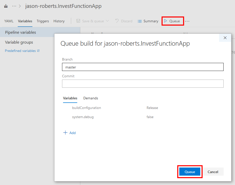 Manually Queuing an Azure Pipeline Build