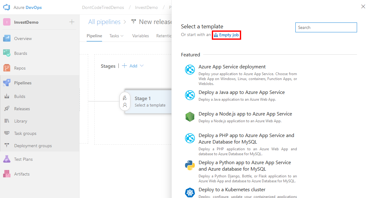 Selecting a release Azure Pipeline template