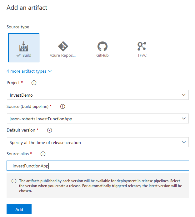 Adding artifacts to an Azure release Pipeline