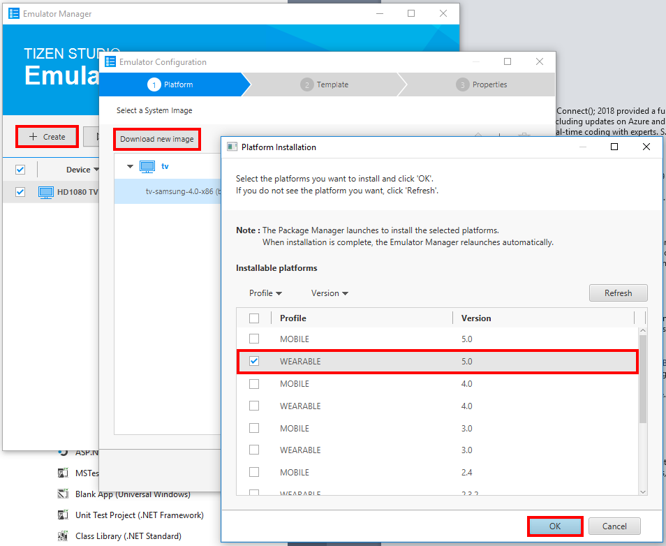 Installing the Tizen Wearable emulator in Visual Studio