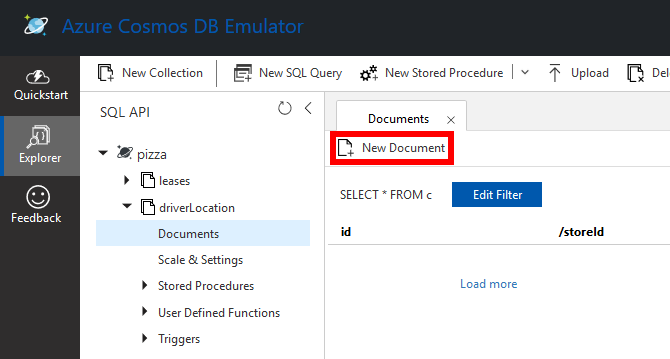 Creating a new document in the Cosmos DB emulator