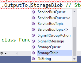 Visual Studio screenshot showing no method to output to blob storage