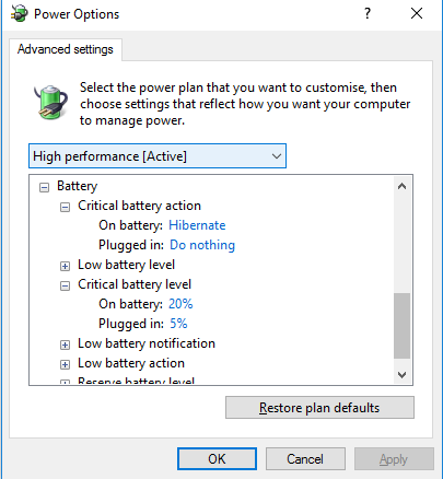 Hibernating Windows 10 when critical UPS battery level reached